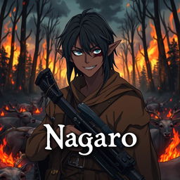 A dark anime cover titled "Nagaro" featuring an adult black-skinned male elf hunter with an evil smile