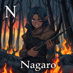 A dark anime cover titled "Nagaro" featuring an adult black-skinned male elf hunter with an evil smile