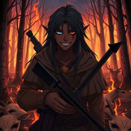 A dark anime cover titled "Nagaro" featuring an adult black-skinned male elf hunter with an evil smile