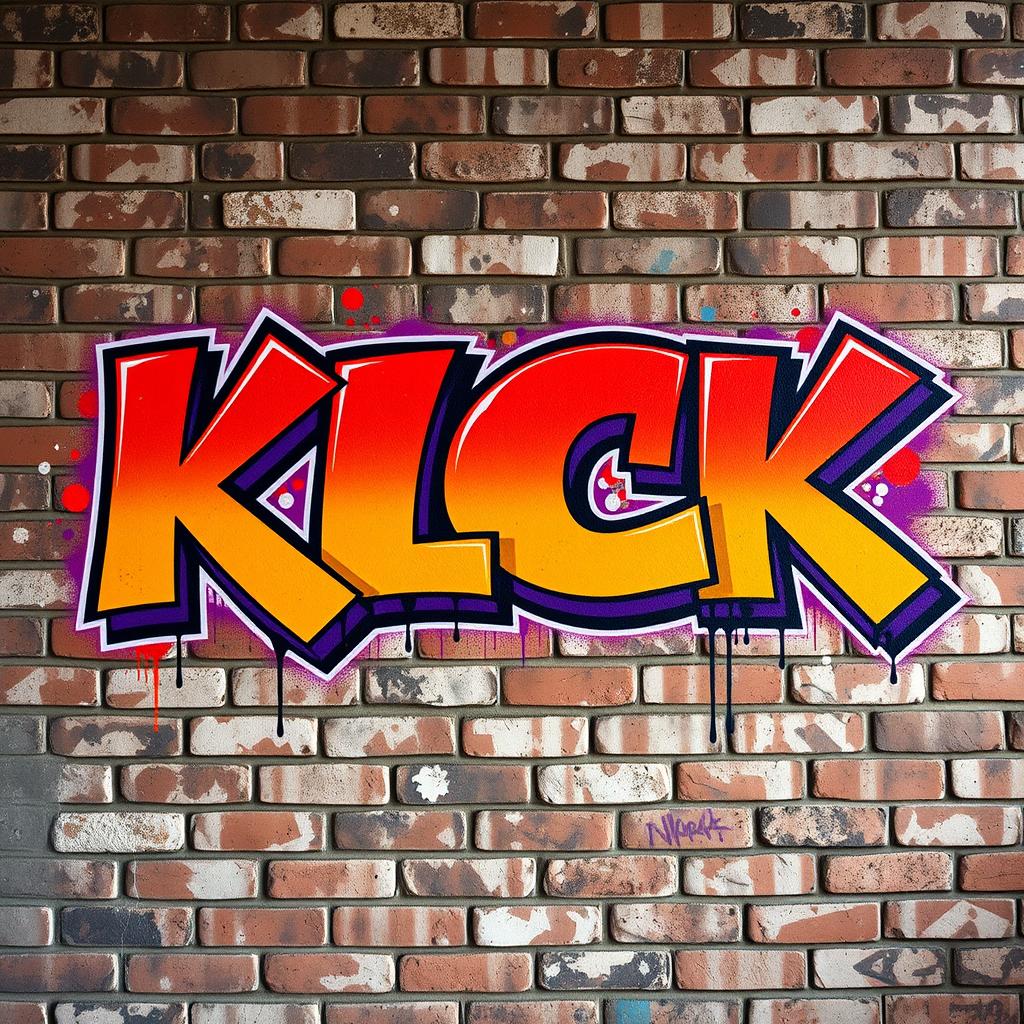 A vibrant urban graffiti mural featuring the word 'KICK' styled in bold jams street font letters, prominently displayed against a full wall of weathered brick background