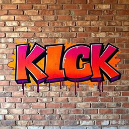 A vibrant urban graffiti mural featuring the word 'KICK' styled in bold jams street font letters, prominently displayed against a full wall of weathered brick background