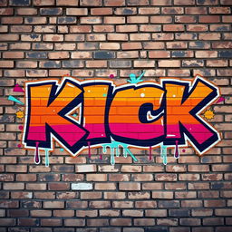 A vibrant urban graffiti mural featuring the word 'KICK' styled in bold jams street font letters, prominently displayed against a full wall of weathered brick background