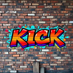 A vibrant urban graffiti mural featuring the word 'KICK' styled in bold jams street font letters, prominently displayed against a full wall of weathered brick background