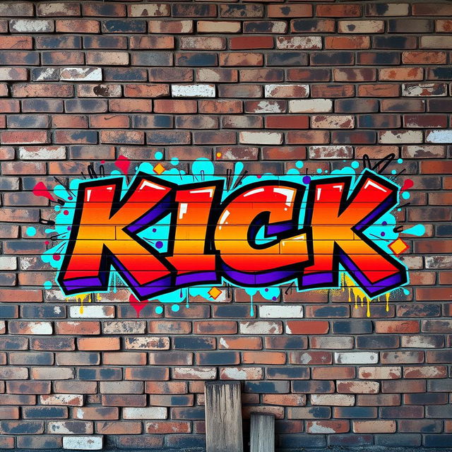 A vibrant urban graffiti mural featuring the word 'KICK' styled in bold jams street font letters, prominently displayed against a full wall of weathered brick background