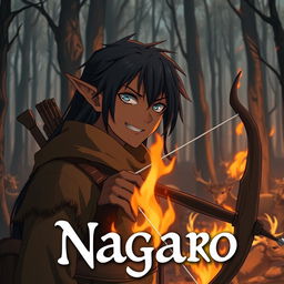 A dark anime cover titled "Nagaro" featuring an adult black-skinned male elf hunter with an evil smile