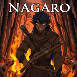 A dark anime cover titled "Nagaro" featuring an adult black-skinned male elf hunter with an evil smile