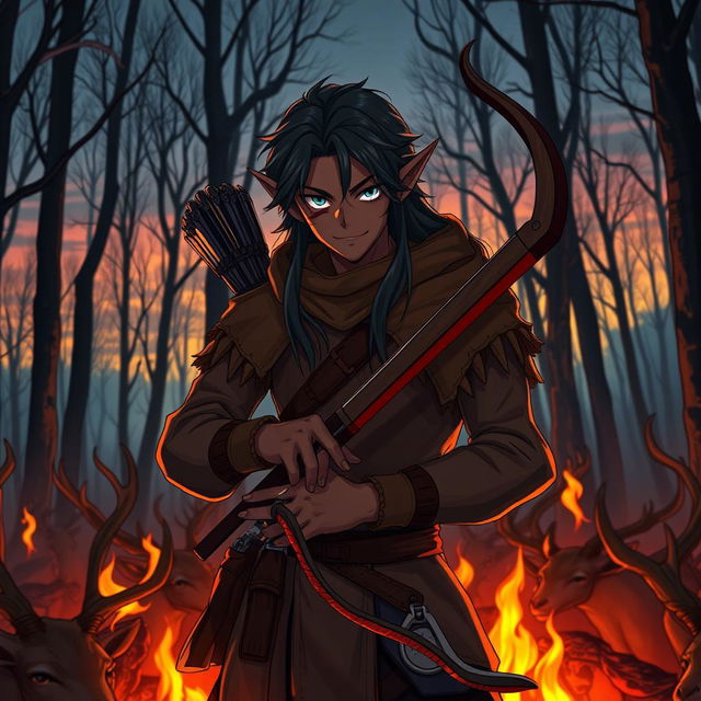 A dark anime cover titled "Nagaro" featuring an adult black-skinned male elf hunter with an evil smile