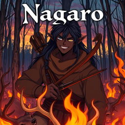 A dark anime cover titled "Nagaro" featuring an adult black-skinned male elf hunter with an evil smile