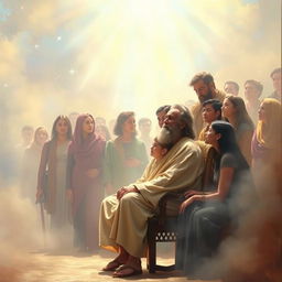 A mystical scene depicting a spiritual voice communicating with humanity