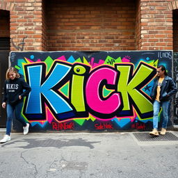 A vibrant urban graffiti mural featuring the word 'KICK' in bold, eye-catching colors