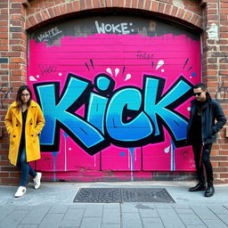 A vibrant urban graffiti mural featuring the word 'KICK' in bold, eye-catching colors