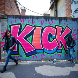 A vibrant urban graffiti mural featuring the word 'KICK' in bold, eye-catching colors