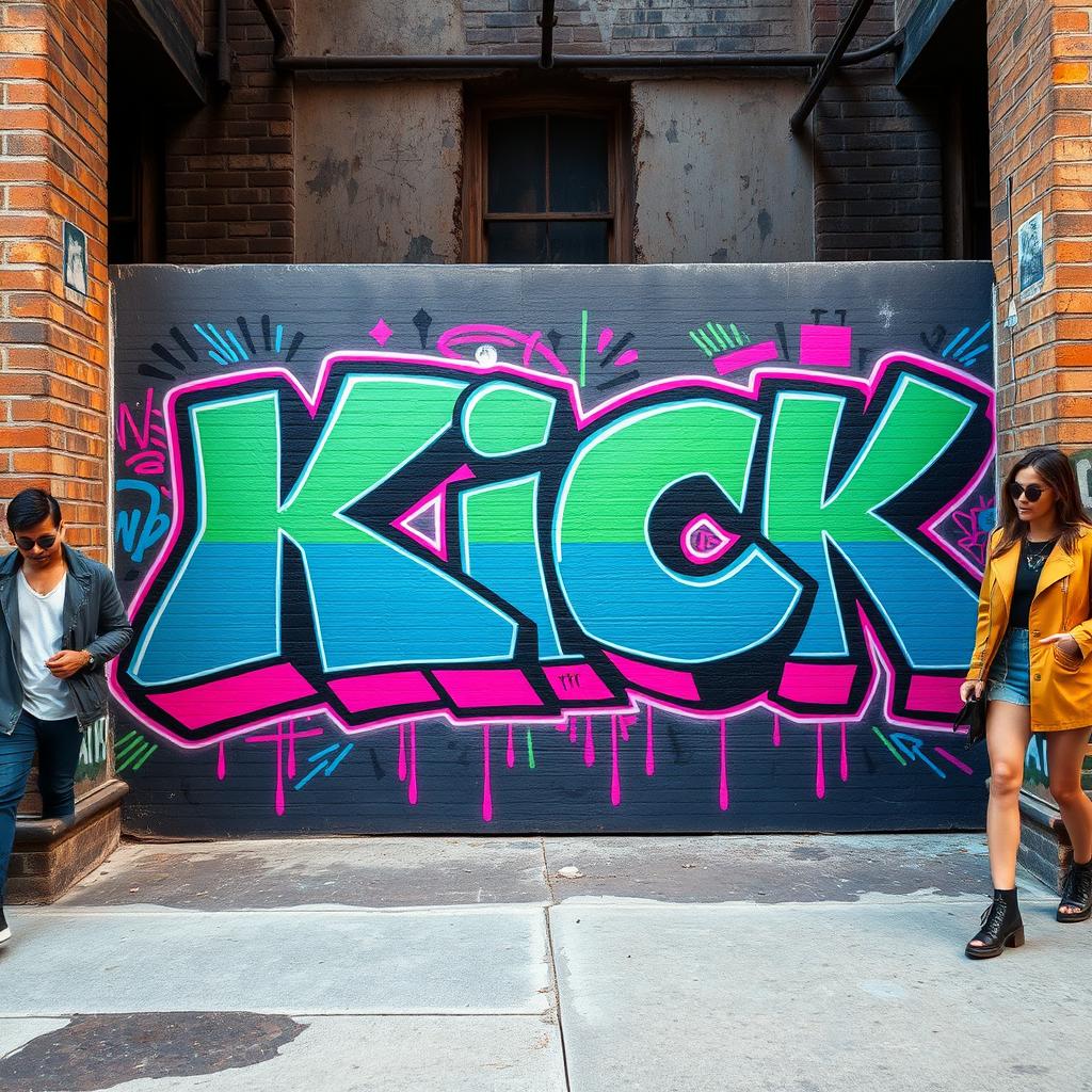 A vibrant urban graffiti mural featuring the word 'KICK' in bold, eye-catching colors