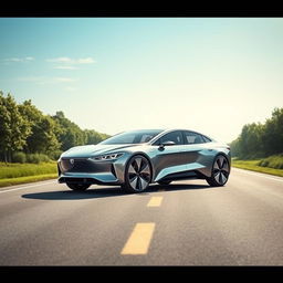 An imaginative and futuristic hybrid sedan design, showcasing a streamlined and aerodynamic body