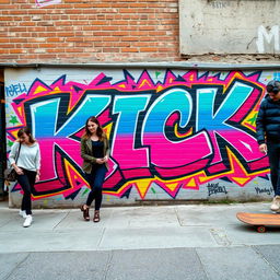 A vibrant urban graffiti mural featuring the word 'KICK' in bold, eye-catching colors