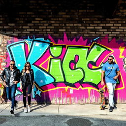 A vibrant urban graffiti mural featuring the word 'KICK' in bold, eye-catching colors