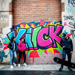 A vibrant urban graffiti mural featuring the word 'KICK' in bold, eye-catching colors