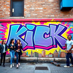 A vibrant urban graffiti mural featuring the word 'KICK' in bold, eye-catching colors