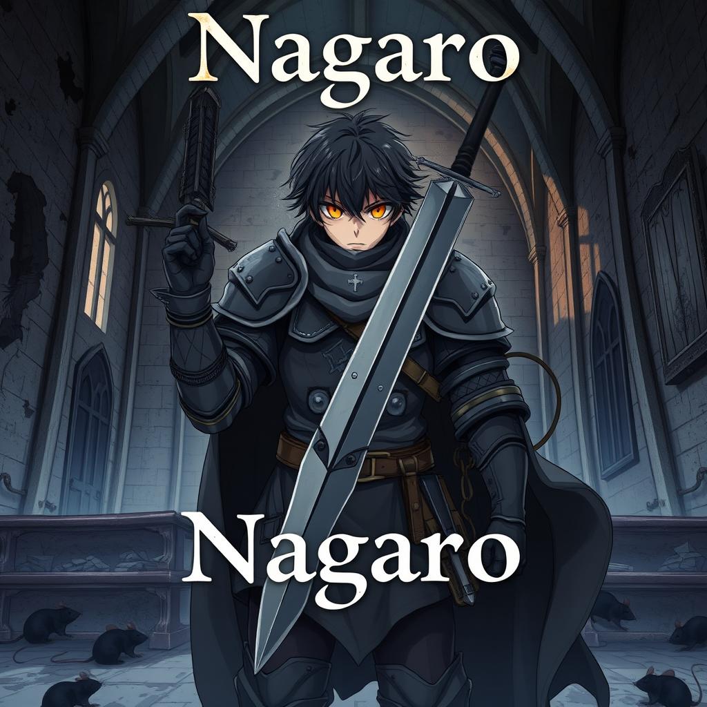 A dark anime cover titled "Nagaro" featuring a paladin wearing dirty gray armor, holding a sword in his right hand