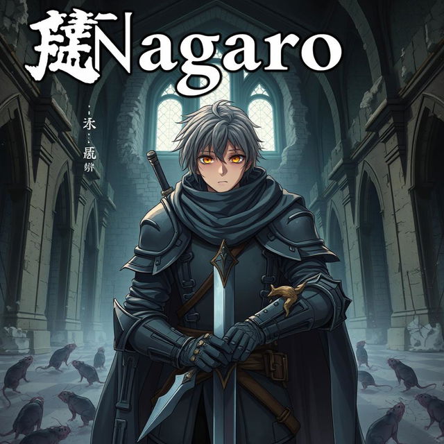 A dark anime cover titled "Nagaro" featuring a paladin wearing dirty gray armor, holding a sword in his right hand