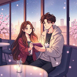 A captivating webtoon illustration featuring a woman holding a pen and tablet in her hands, immersed in a magical moment with Vernon from the K-pop group SEVENTEEN