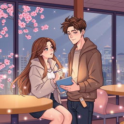 A captivating webtoon illustration featuring a woman holding a pen and tablet in her hands, immersed in a magical moment with Vernon from the K-pop group SEVENTEEN