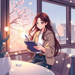 A captivating webtoon illustration featuring a woman holding a pen and tablet in her hands, immersed in a magical moment with Vernon from the K-pop group SEVENTEEN