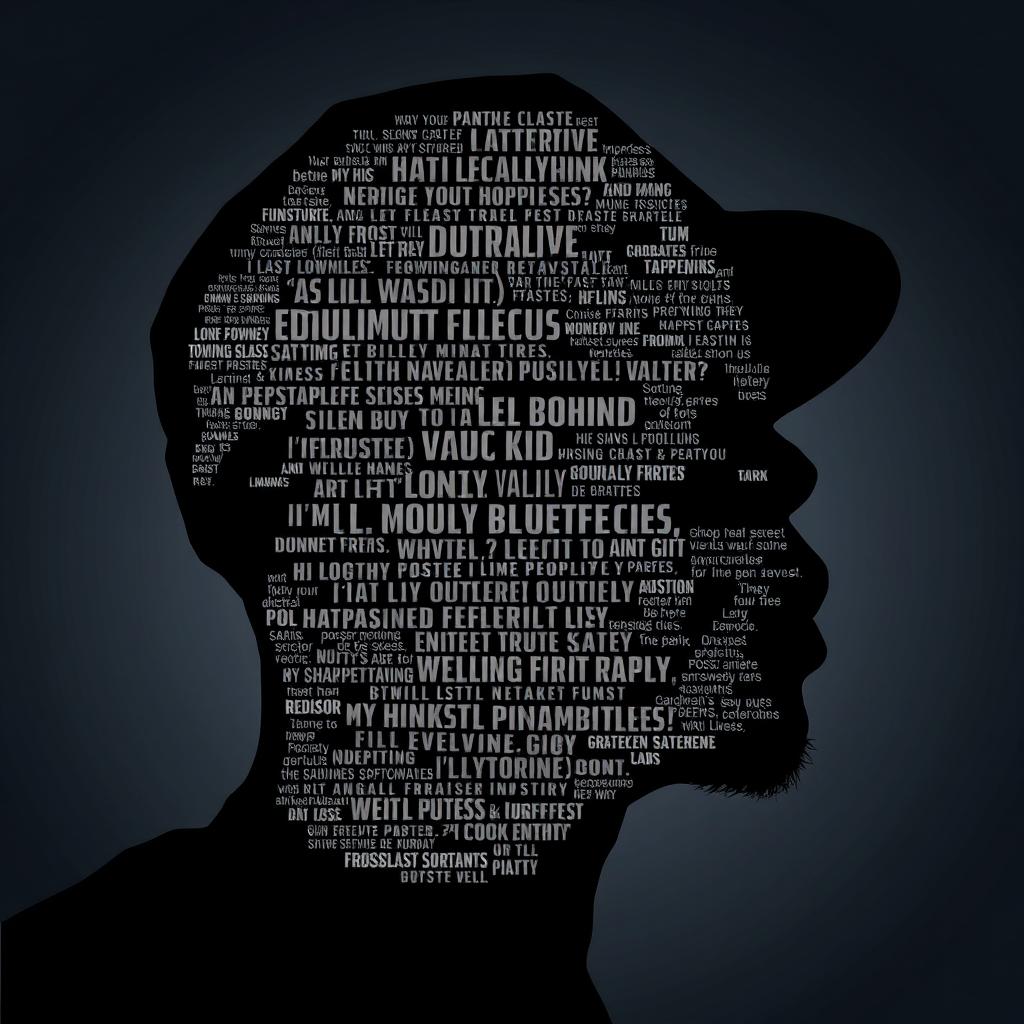 A striking black silhouette of a rapper's face, creatively filled with various text elements including song lyrics, inspirational phrases, and urban slang