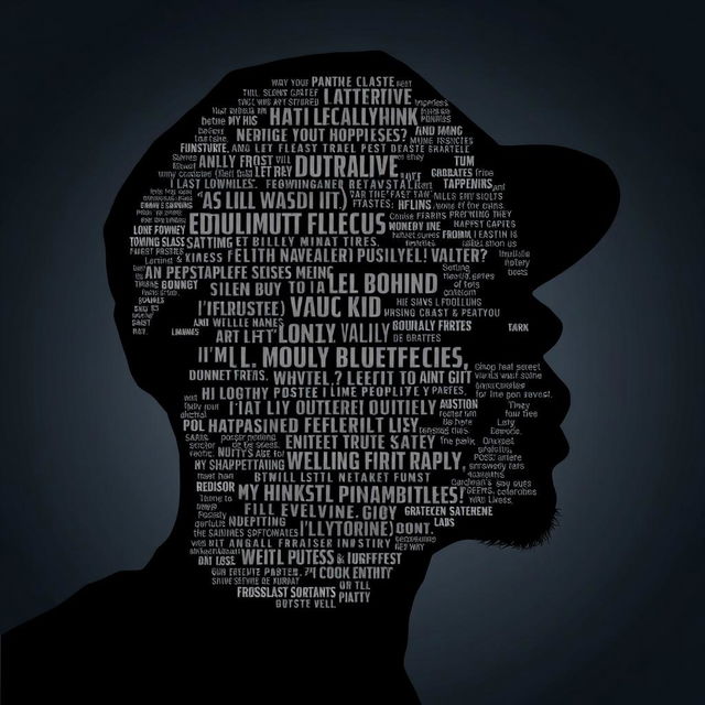 A striking black silhouette of a rapper's face, creatively filled with various text elements including song lyrics, inspirational phrases, and urban slang