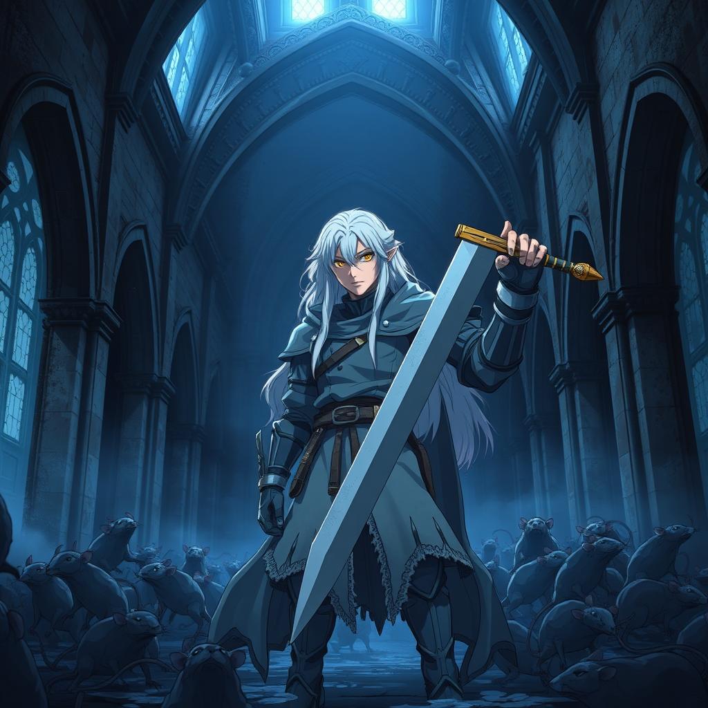 A dark anime cover titled "Kamuro" featuring a paladin standing in an abandoned church