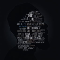 A striking black silhouette of a rapper's face, creatively filled with various text elements including song lyrics, inspirational phrases, and urban slang