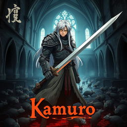 A dark anime cover titled "Kamuro" featuring a paladin standing in an abandoned church