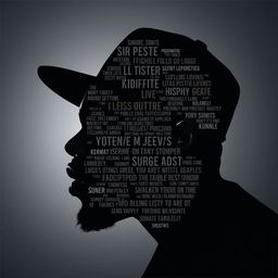 A striking black silhouette of a rapper's face, creatively filled with various text elements including song lyrics, inspirational phrases, and urban slang