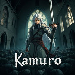 A dark anime cover titled "Kamuro" featuring a paladin standing in an abandoned church