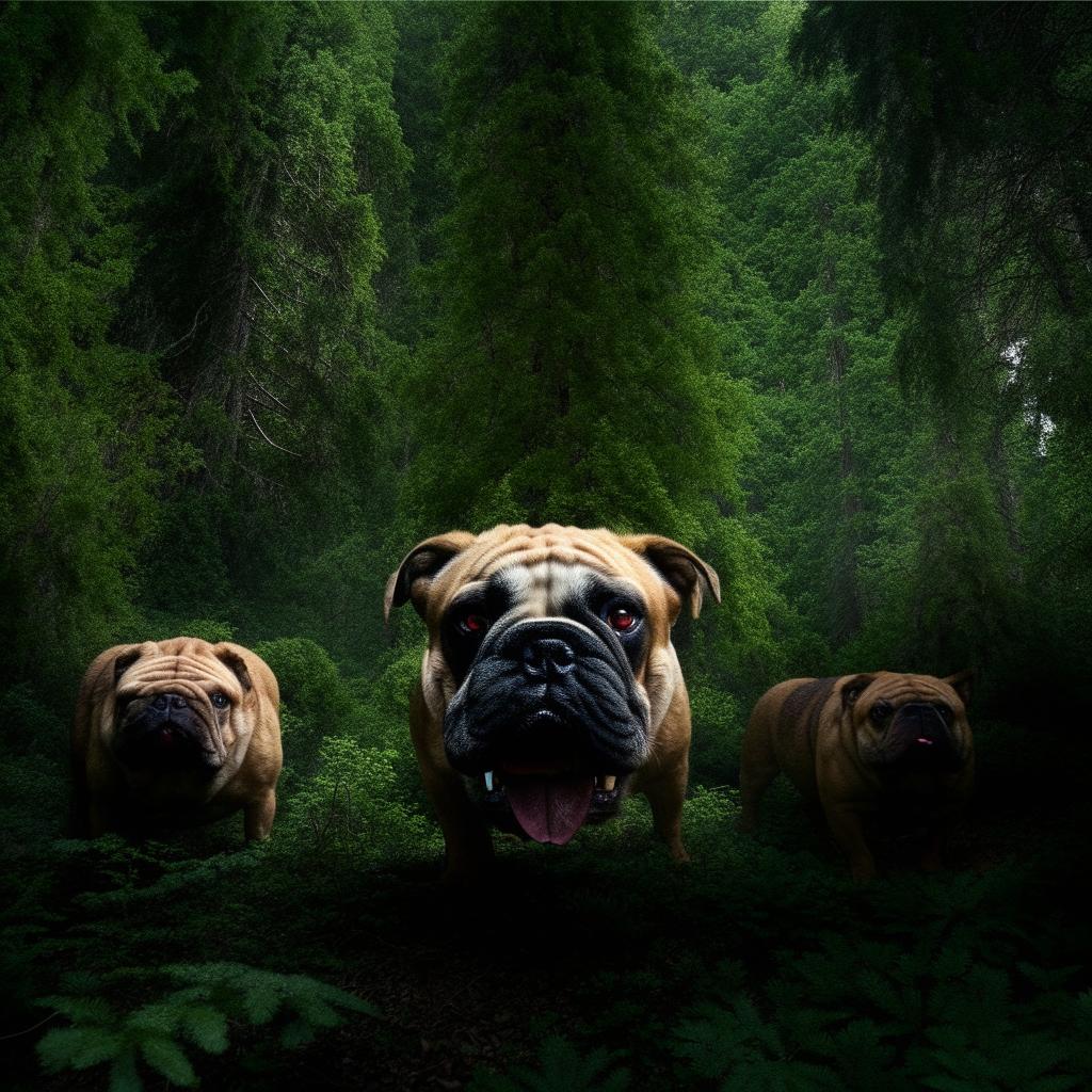 Menacing bulldogs with red eyes and mean faces, standing assertively amidst the dense greenery of a forest.