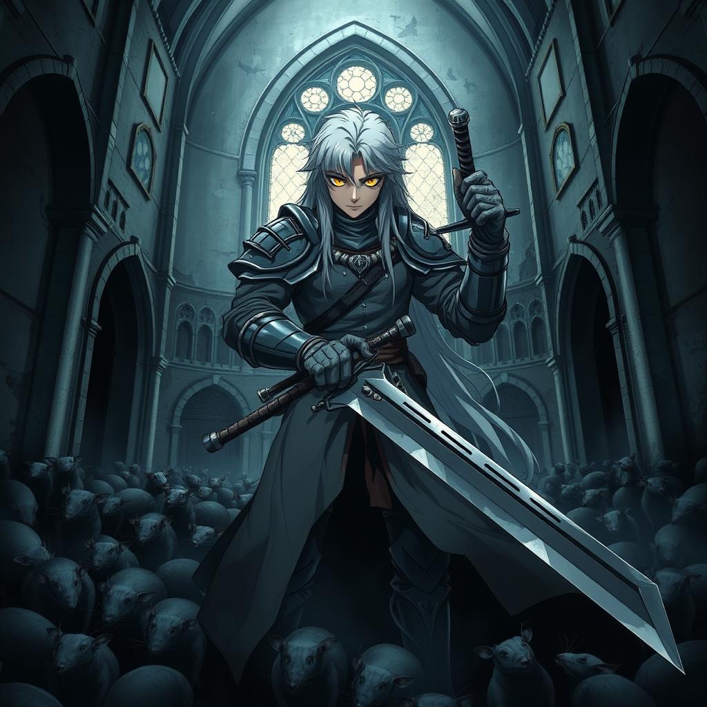 A dark anime cover titled "Kamuro" featuring a paladin standing in an abandoned church