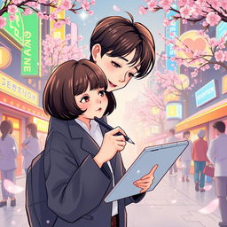 A charming webtoon illustration featuring a woman with short hair, confidently holding a pen and tablet, deeply engaged in her artwork