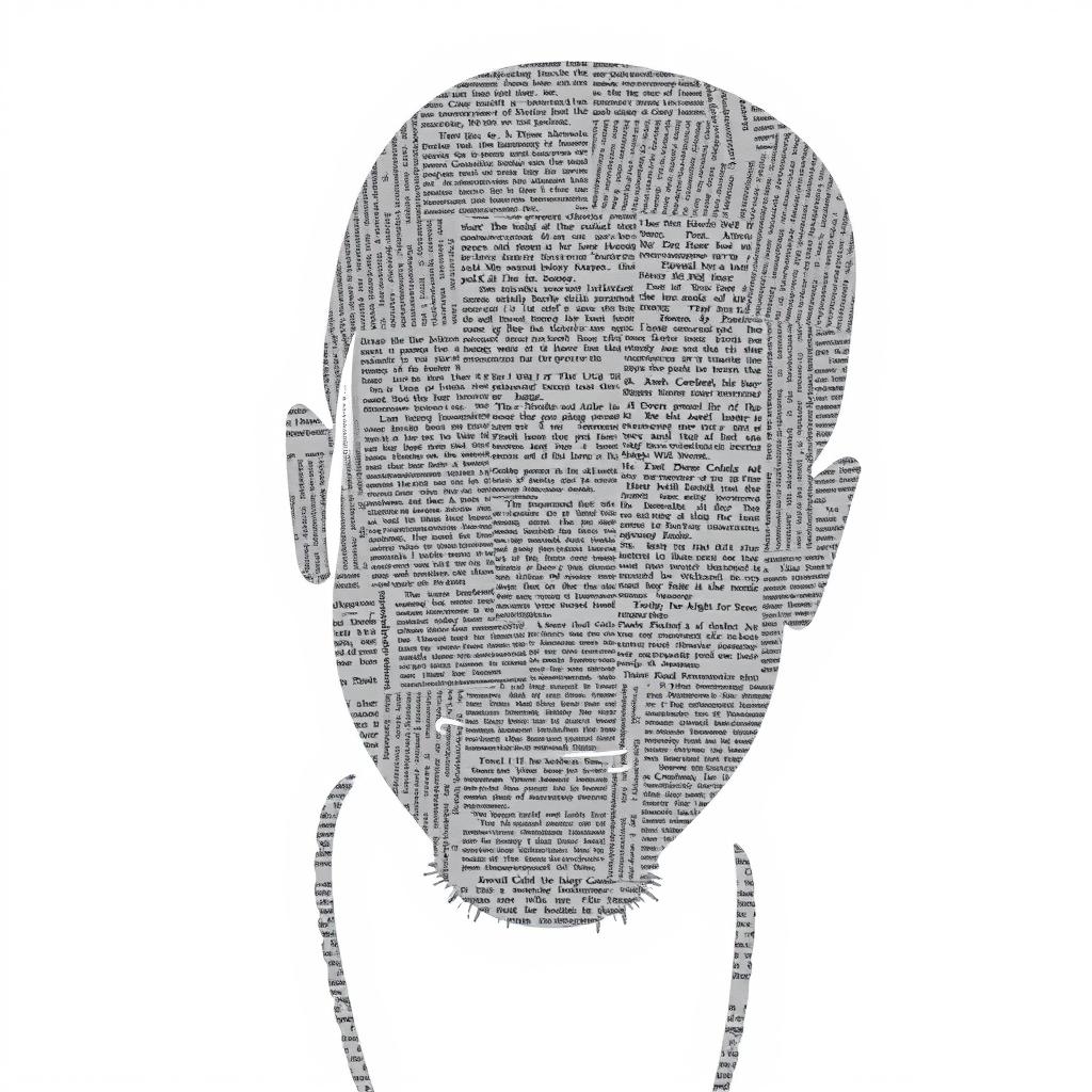 A silhouette of a rapper's face, facing directly towards the viewer, completely filled with newspaper text