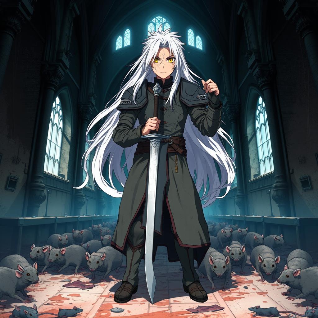 A dark anime cover titled "Kamuro" featuring a paladin character standing in an abandoned church