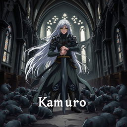 A dark anime cover titled "Kamuro" featuring a paladin character standing in an abandoned church