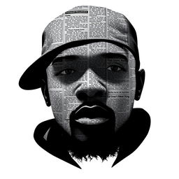 A silhouette of a rapper's face, facing directly towards the viewer, completely filled with newspaper text