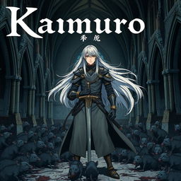 A dark anime cover titled "Kamuro" featuring a paladin character standing in an abandoned church