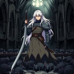 A dark anime cover titled "Kamuro" featuring a paladin character standing in an abandoned church