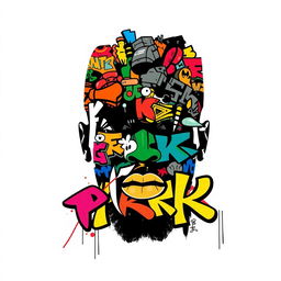 A silhouette of a rapper's face, facing directly towards the viewer, entirely filled with vibrant and colorful graffiti