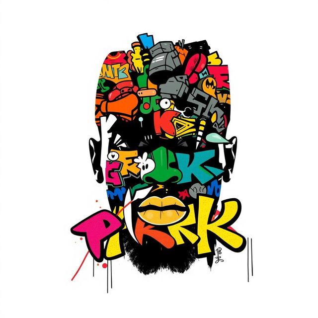 A silhouette of a rapper's face, facing directly towards the viewer, entirely filled with vibrant and colorful graffiti