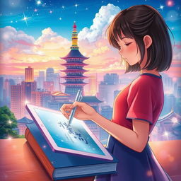 A captivating book cover featuring a girl with shoulder-length hair, holding a pen and a digital tablet, immersed in her creative process