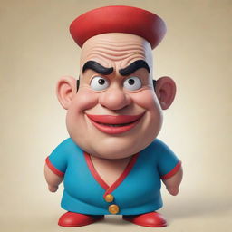 Revamped Pilon from Popeye, stylized in a playful Chinese cartoon fashion, featuring exaggerated facial features, traditional attire, and vivid colors.