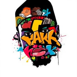 A silhouette of a rapper's face, facing directly towards the viewer, entirely filled with vibrant and colorful graffiti