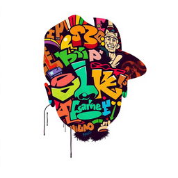 A silhouette of a rapper's face, facing directly towards the viewer, entirely filled with vibrant and colorful graffiti