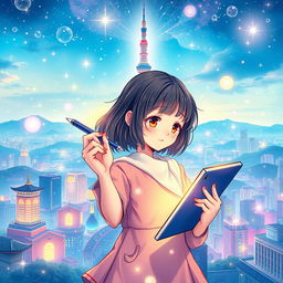 A mesmerizing book cover featuring a girl with shoulder-length hair, skillfully holding a pen and a tablet, embodying creativity and inspiration